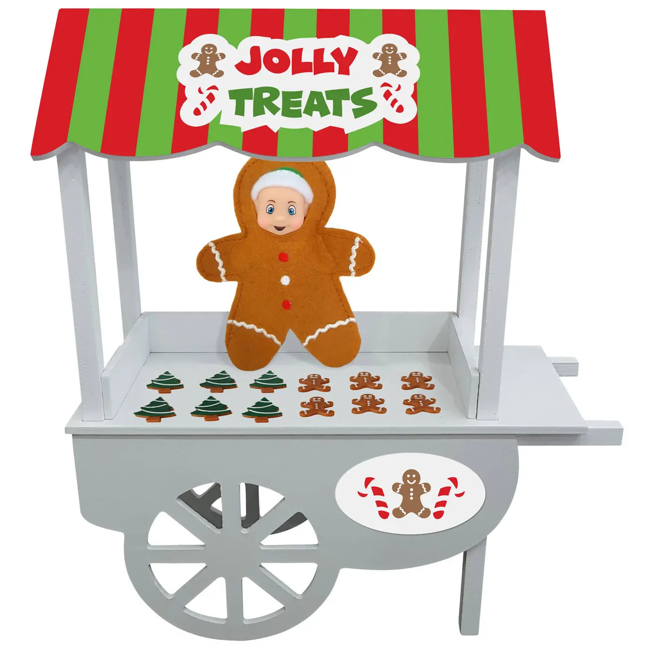 Miniature Christmas treat snacks printable with baby elf dressed as a gingerbread and miniature elf food