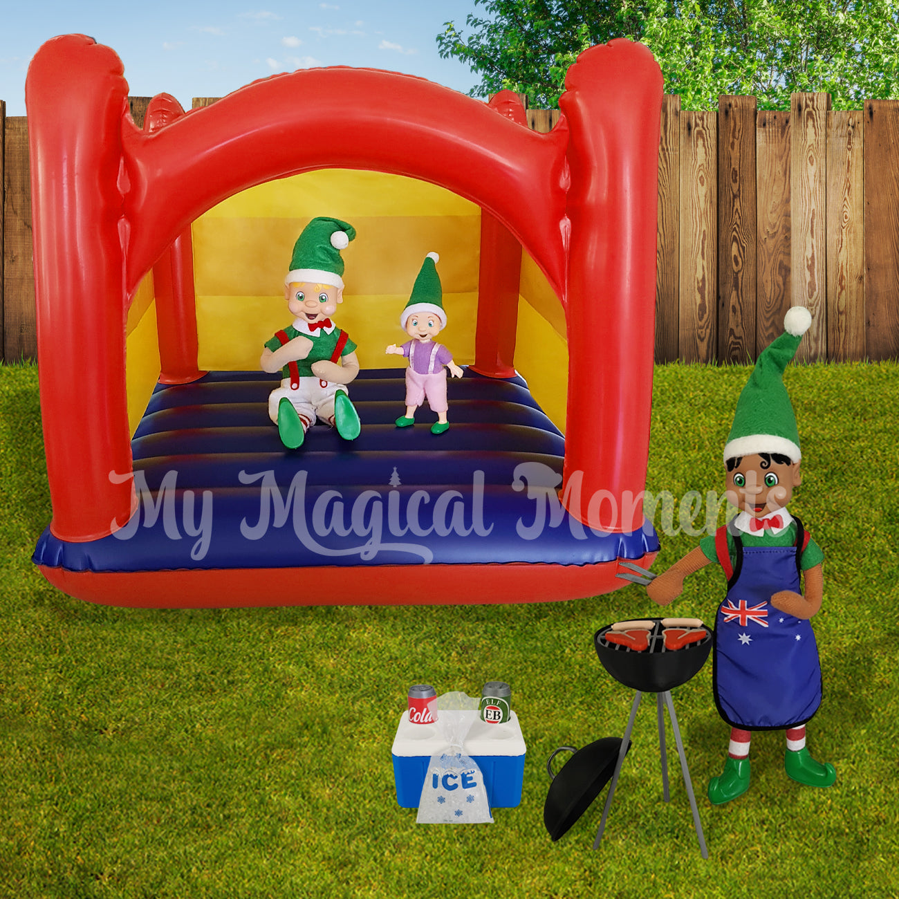 Elves having a bbq with a miniature jumping castle and esky full of ice and drinks
