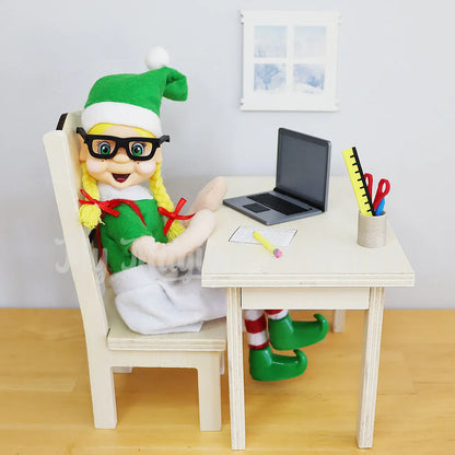 Blonde Hair Bendable elf sitting at an office using a laptop, mini stationery set