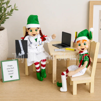 A brown hair girl elf dressed as a doctor holding a broken leg x-ray. There is a orange hair elf with a broken foot in a leg cast prop