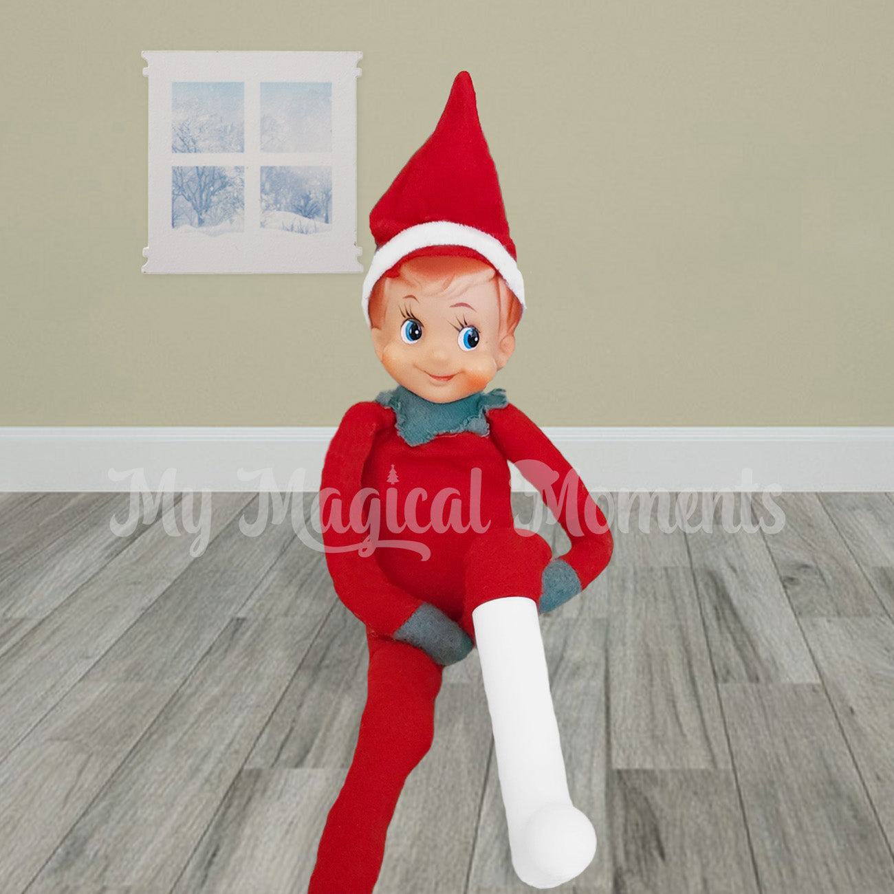 Elf sitting in a room with a window. Featuring a broken elf foot wearing a miniature 3d printed leg cast