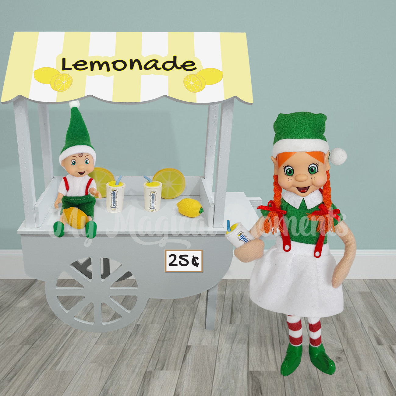 Elf selling Lemonade with a toddler elf