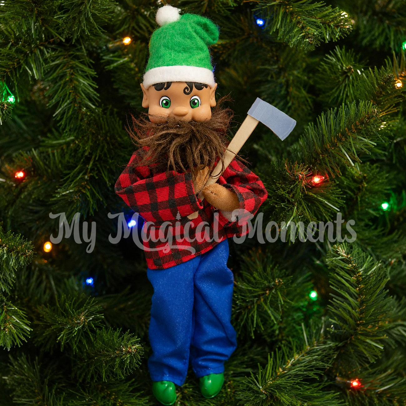 elf chopping down trees dressed as a lumber jack