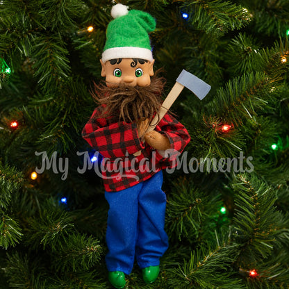 elf chopping down trees dressed as a lumber jack