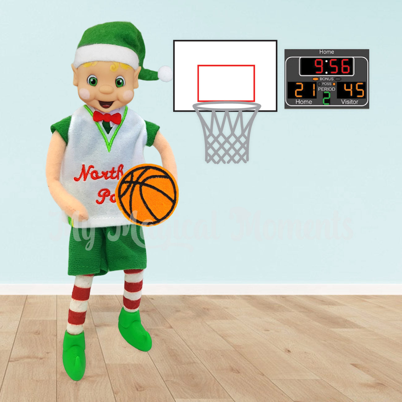 Elf dressed in a basketball costume holding a miniature felt basketball