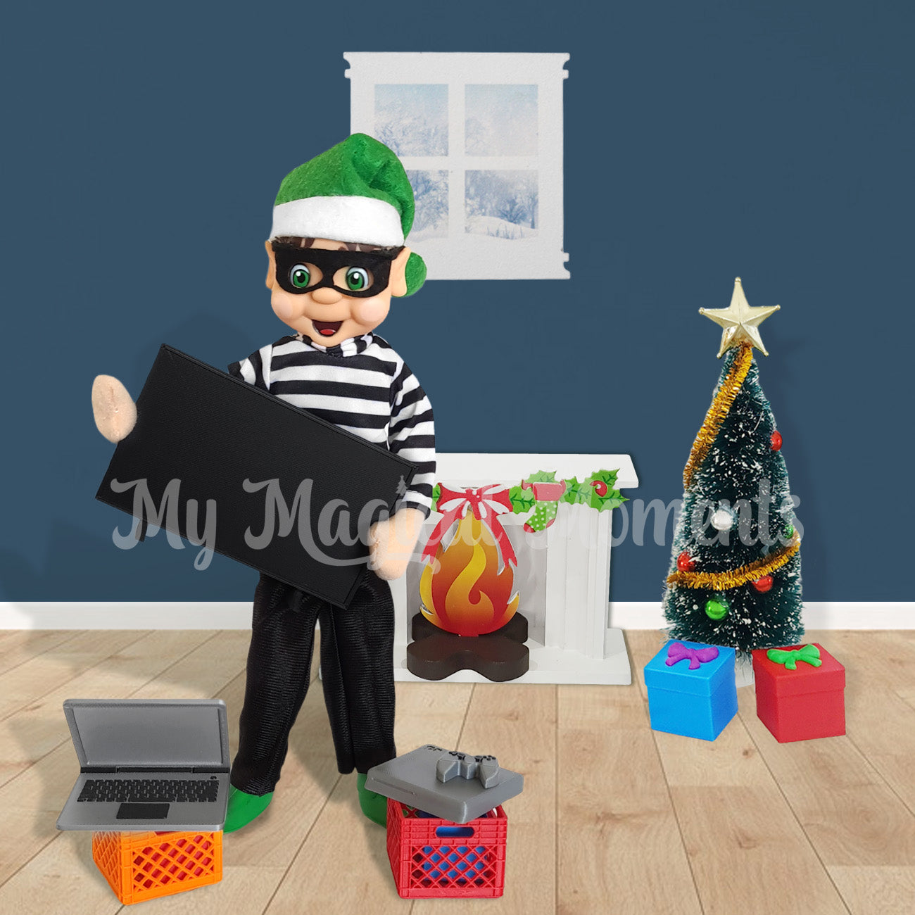 An elf dressed as a burglar, robbing a house. He is taking a tv, laptop, game console. There is a fireplace, presents and a Christmas tree behind him