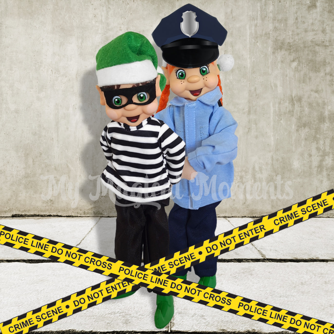 elf dressed as a police officer arresting a naughty elf with crime scene tape
