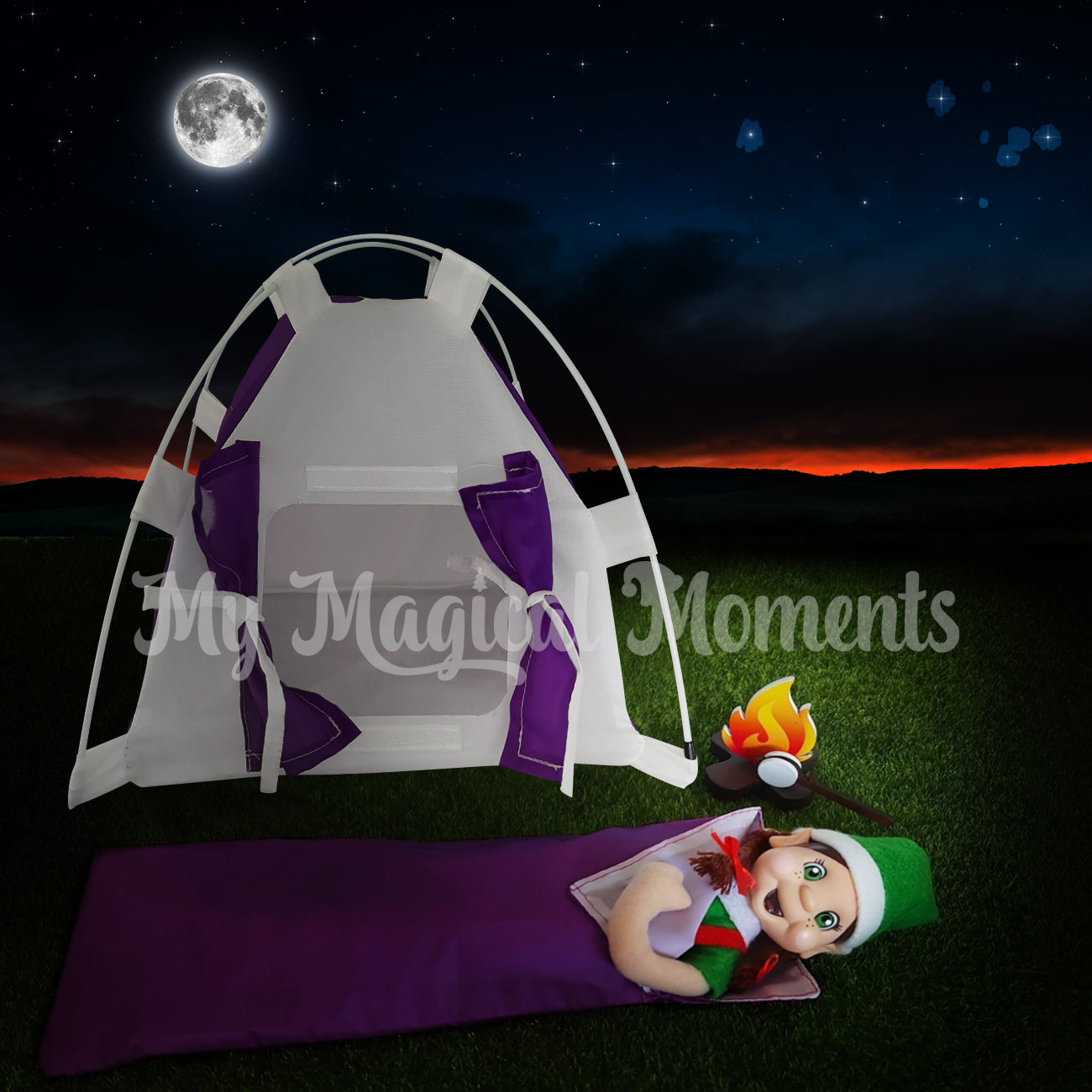 Elf camping outside with a miniature tent, sleeping bag and fire pit