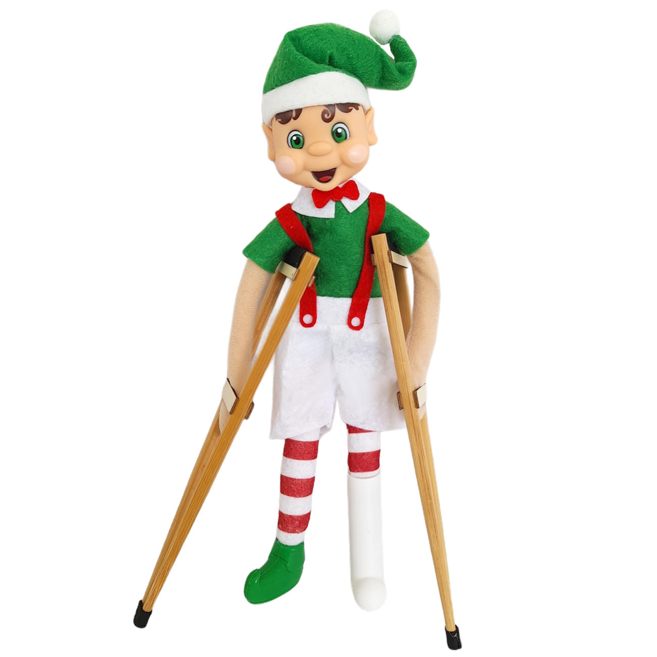 Elf holding crutches prop with a broken foot