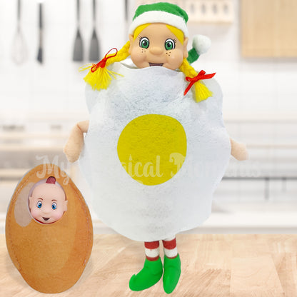 Egg Yolk costume worn by an elf with a baby egg elf for breakfast