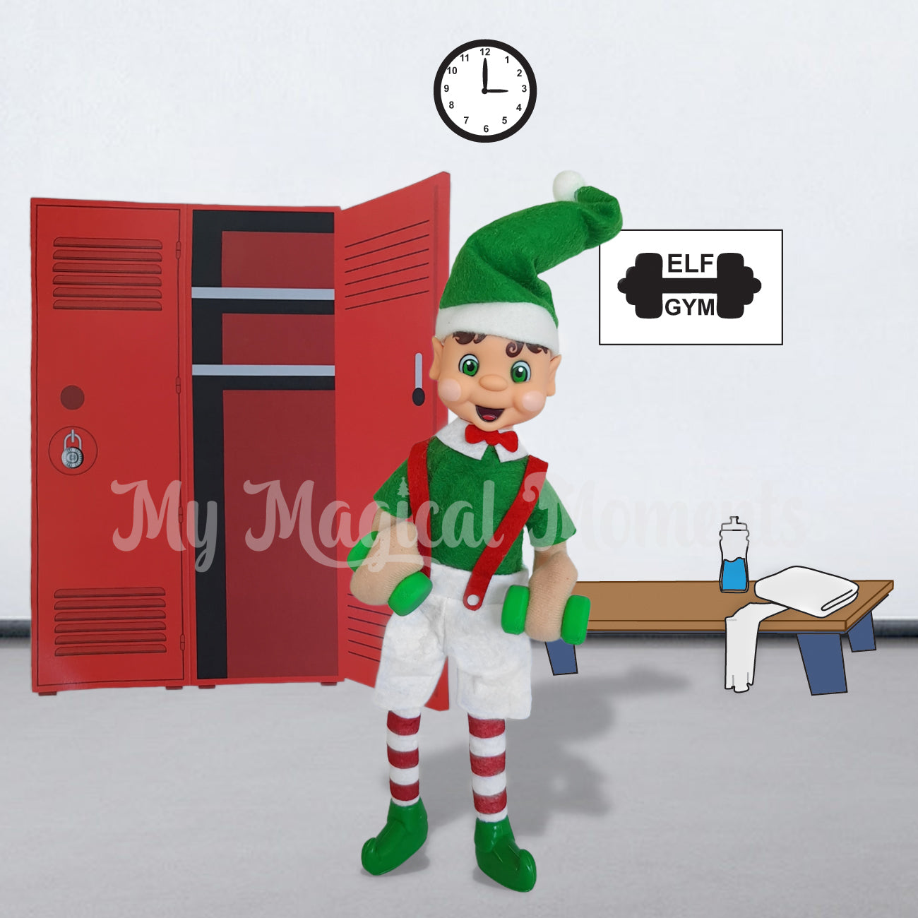 elf working out in a gym scene