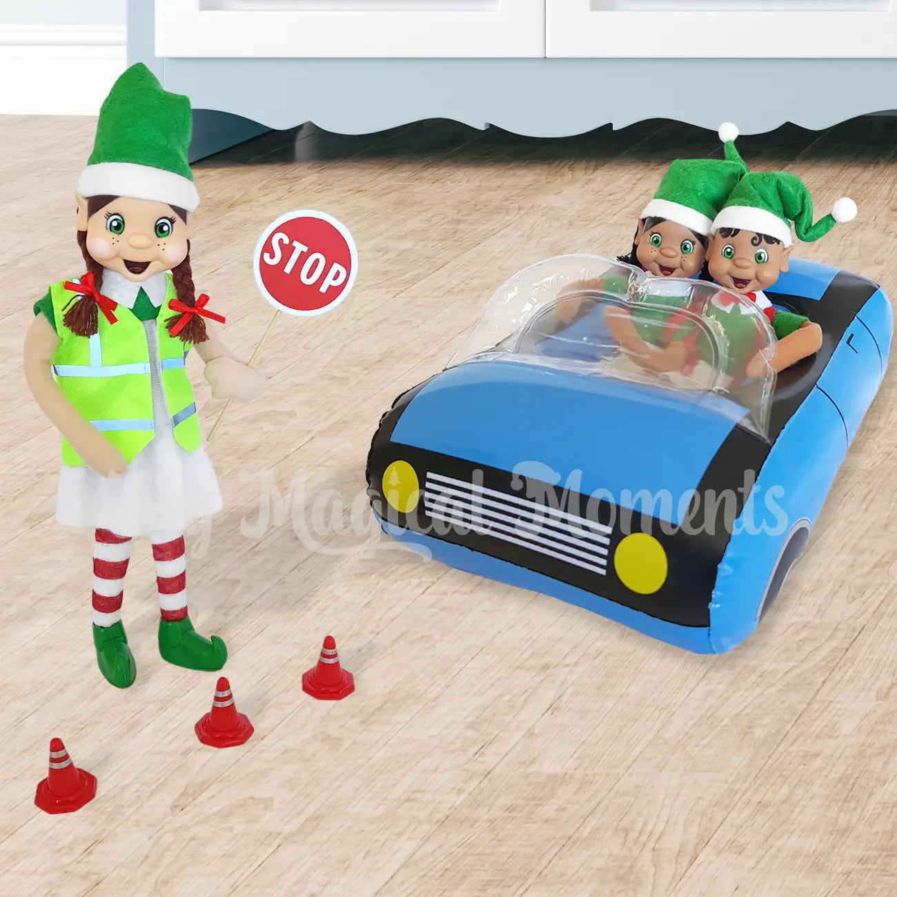 Roadworker dressed elf stopping traffic elves driving a blue car