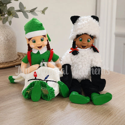 An elf knitting an ugly sweater using sheep elf costume wool