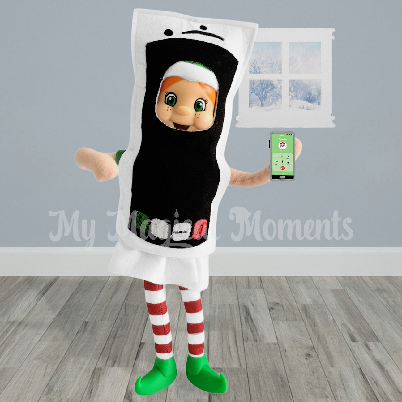 elf wearing a phone costume holding a miniature phone