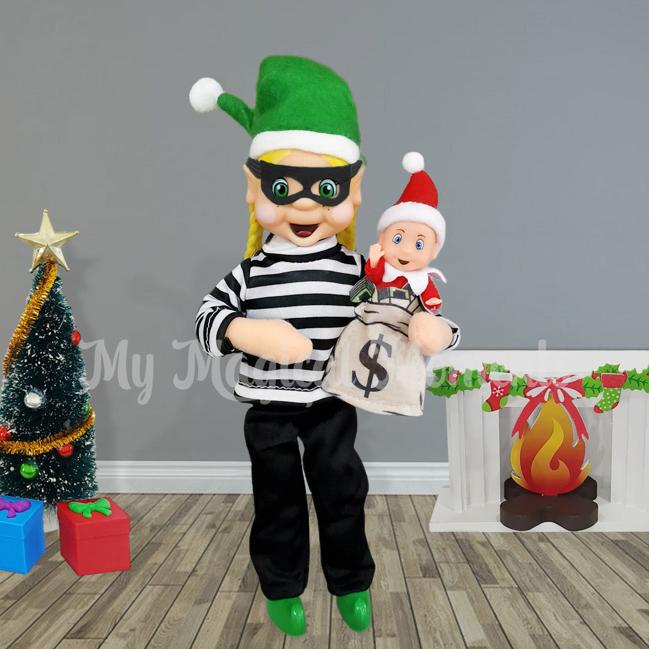 Money Bag Elf Baby Costume Scene with Burglar in home