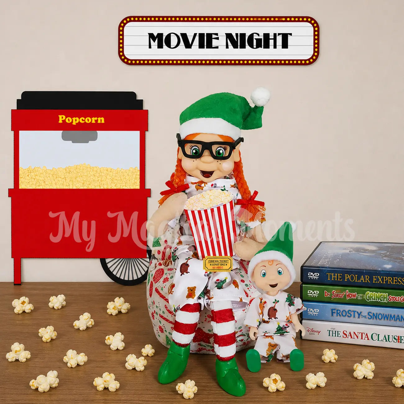 Orange hair elf eating popcorn sitting on a bean bag with toddler for a movie night