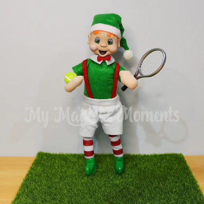 elf standing ready to play tennis with a mini tennis racket and tennis ball