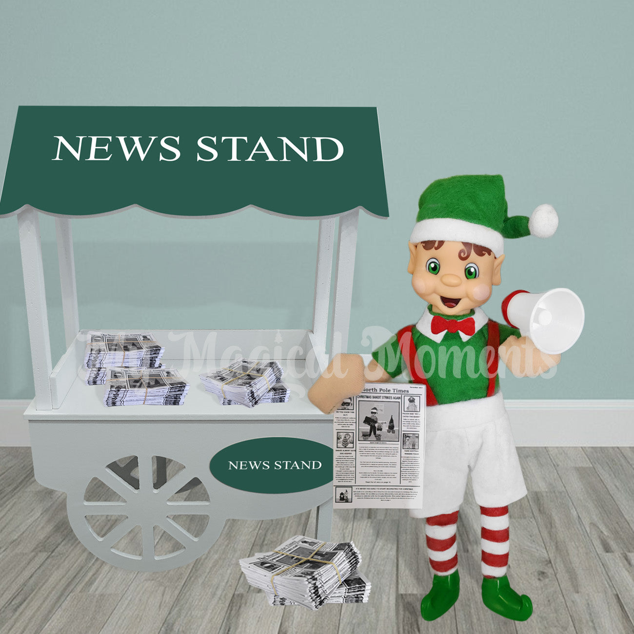 Newspaper stand, Free elf printable with megaphone prop