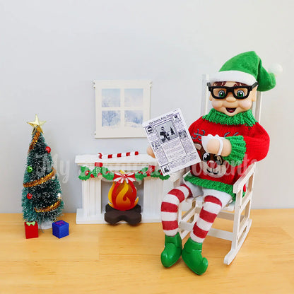 Elf wearing glasses, an ugly sweater drinking hot cocoa near a fireplace with Christmas tree