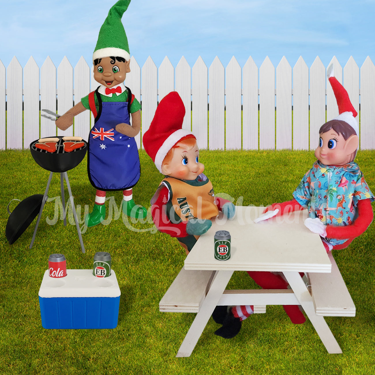 Elves having a bbq sitting at a picnic table with beer and a esky. One elf is cooking meat on the barbeque