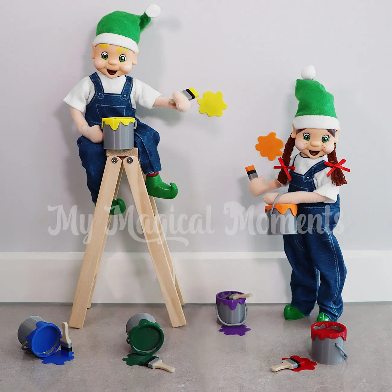 My Elf Friends Boy & Girl elf standing and painting with mini paint tins and a ladder