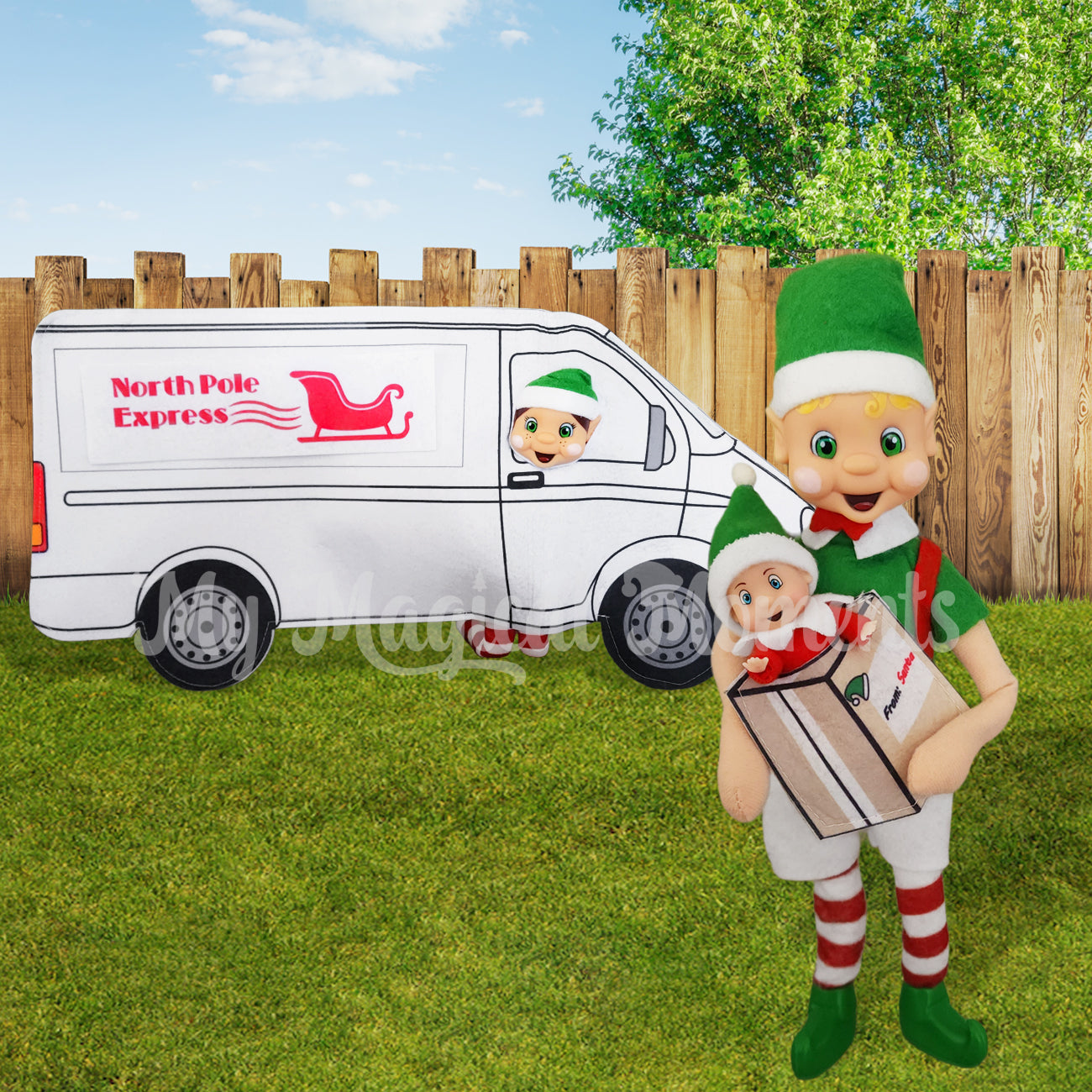 a elf scene with a elf dressed in a delivery van costume. With another elf delivering a elf baby dressed in a elf package outfit