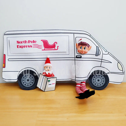 Elf dressed as  a van delivering a baby parcel