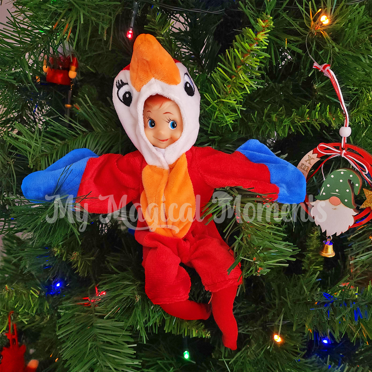 elf dressed in a parrot costume in a Christmas tree