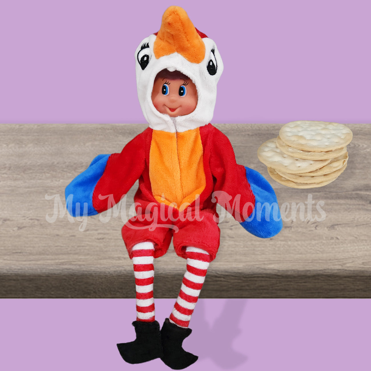Elf dressed as a parrot on a shelf with crackers