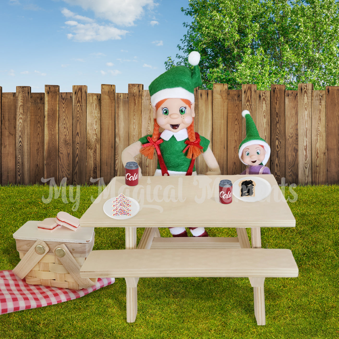 Orange hair elf sitting at miniature picnic table with elf toddler eating fairy bread, vegemite, with a picnic basket and tiny cola cans