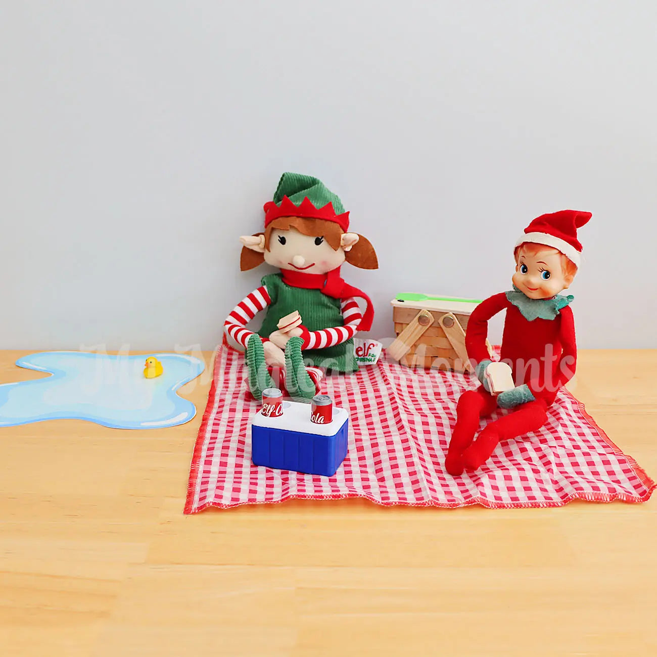 elves having a picnic with puddle printable and mini elf props