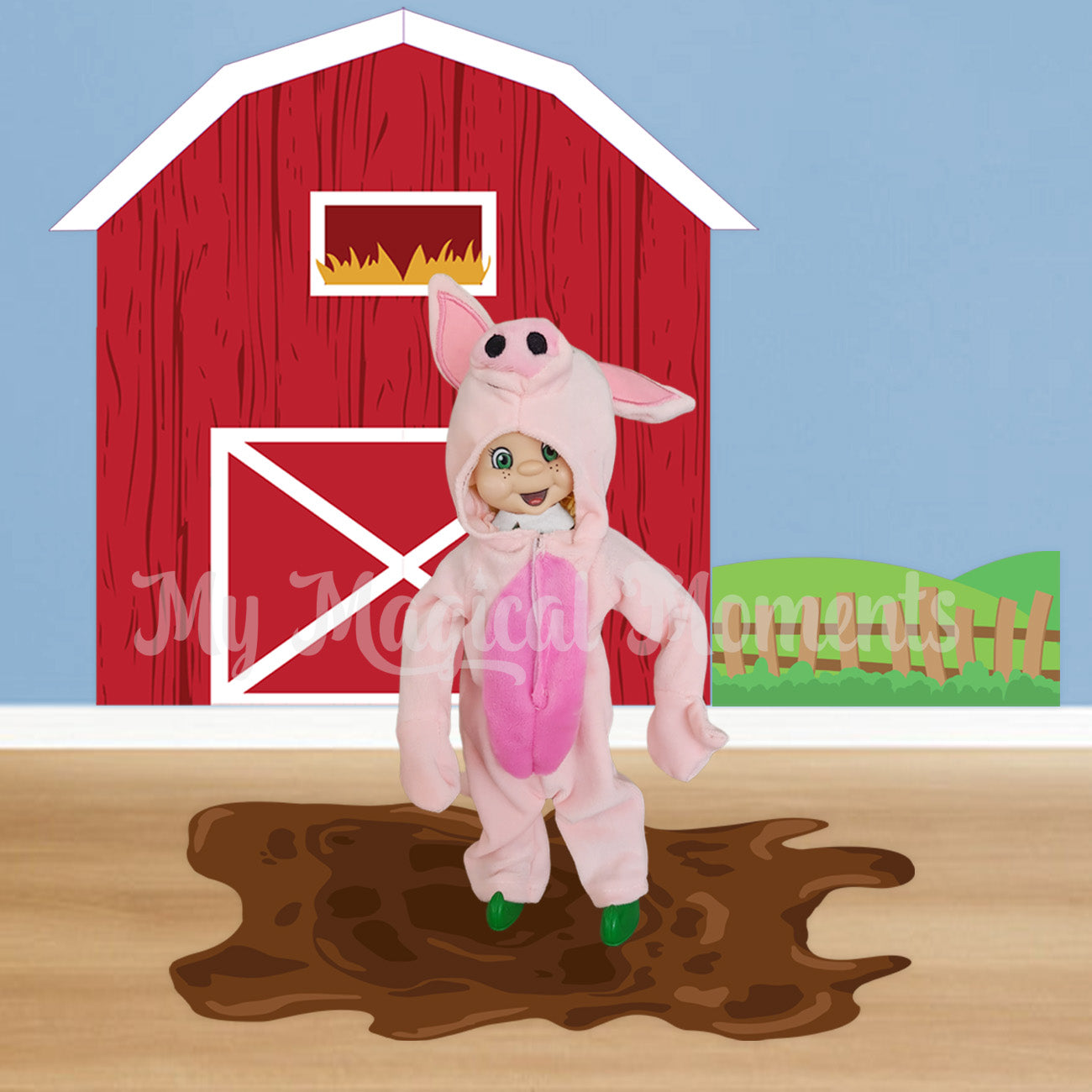 Elf wearing a pig costume standing in a puddle of mud in front of a printable barn