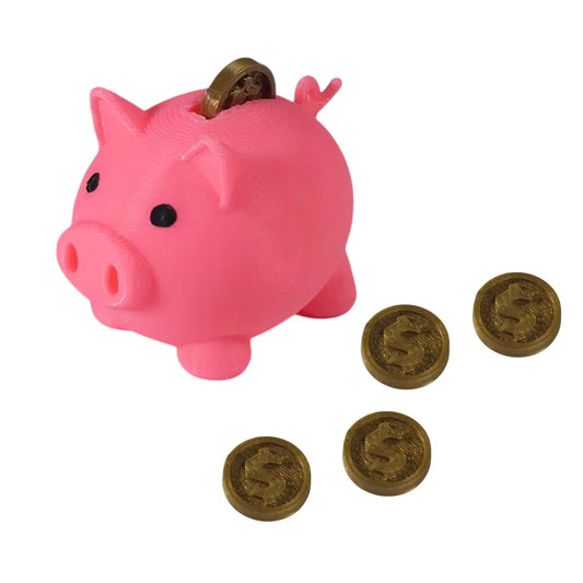 Mini Elf Pink piggy bank with gold coins on a white background