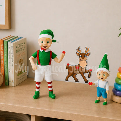 Elf adult and elf toddler playing a game of pin the nose in the house