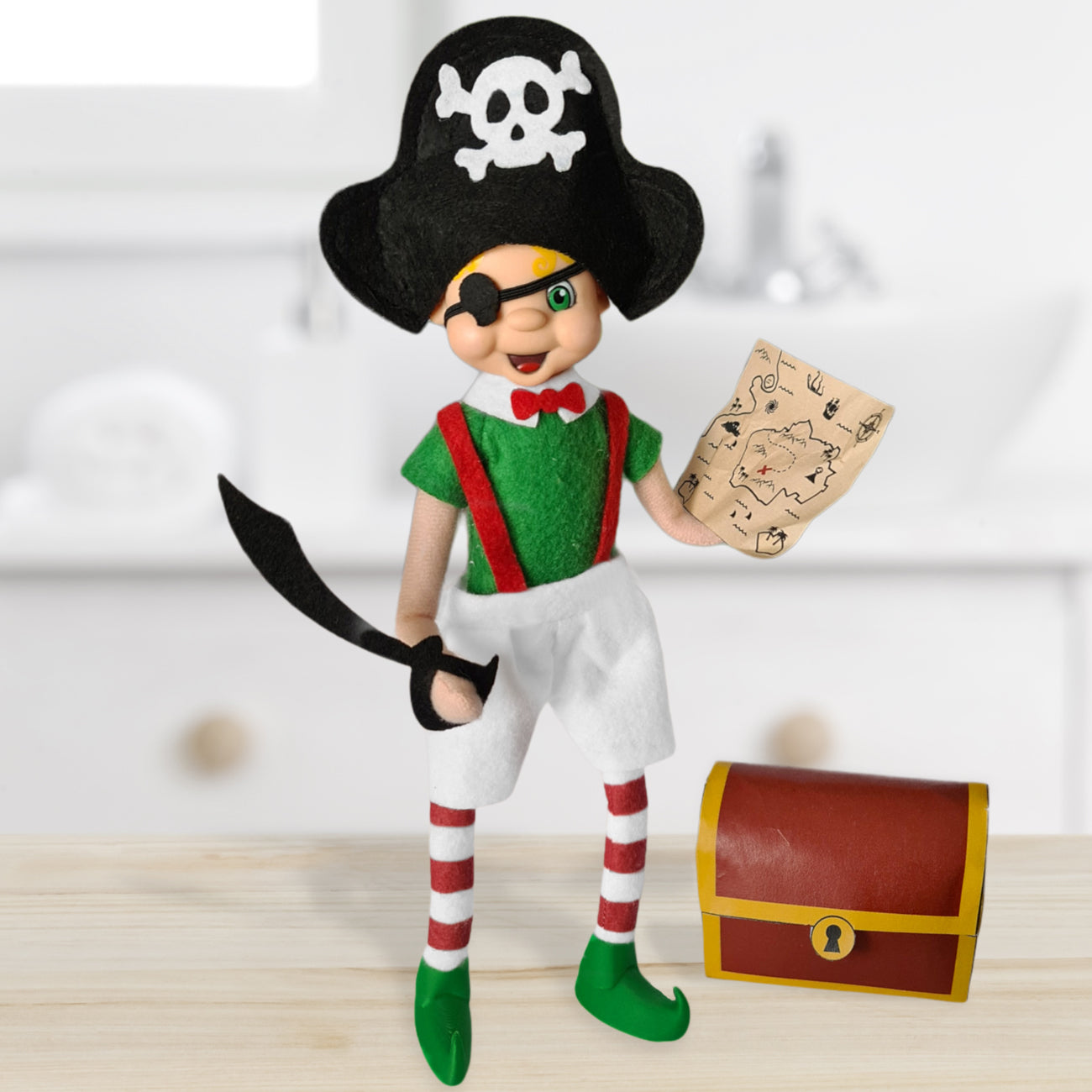 Pirate elf in the bathroom with treasure and map