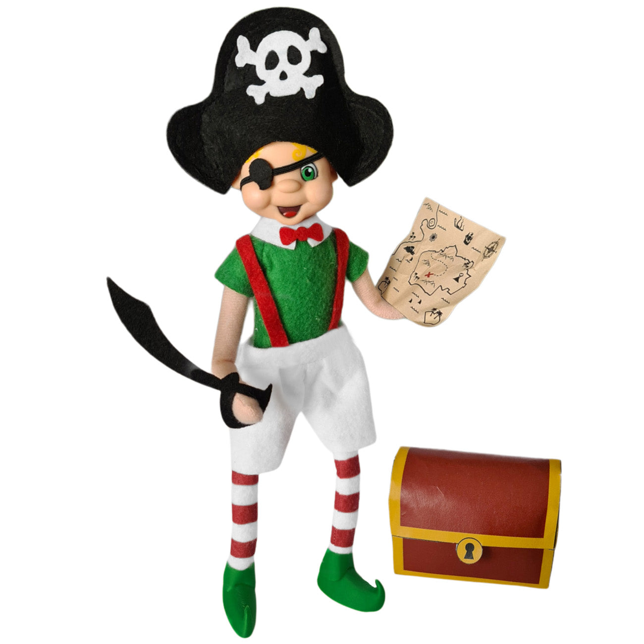 My Elf friends dressed in a pirate elf sized costume with a printable map and treasure chest 