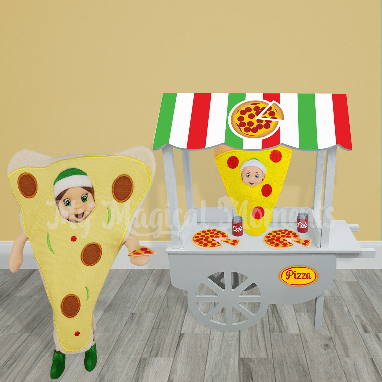 Elf dressed as a pizza selling pizza with an elf baby wearing a pepperoni pie outfit