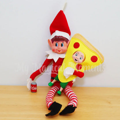 Elf toddler wearing a Pizza costume, being held by an elf with a cola