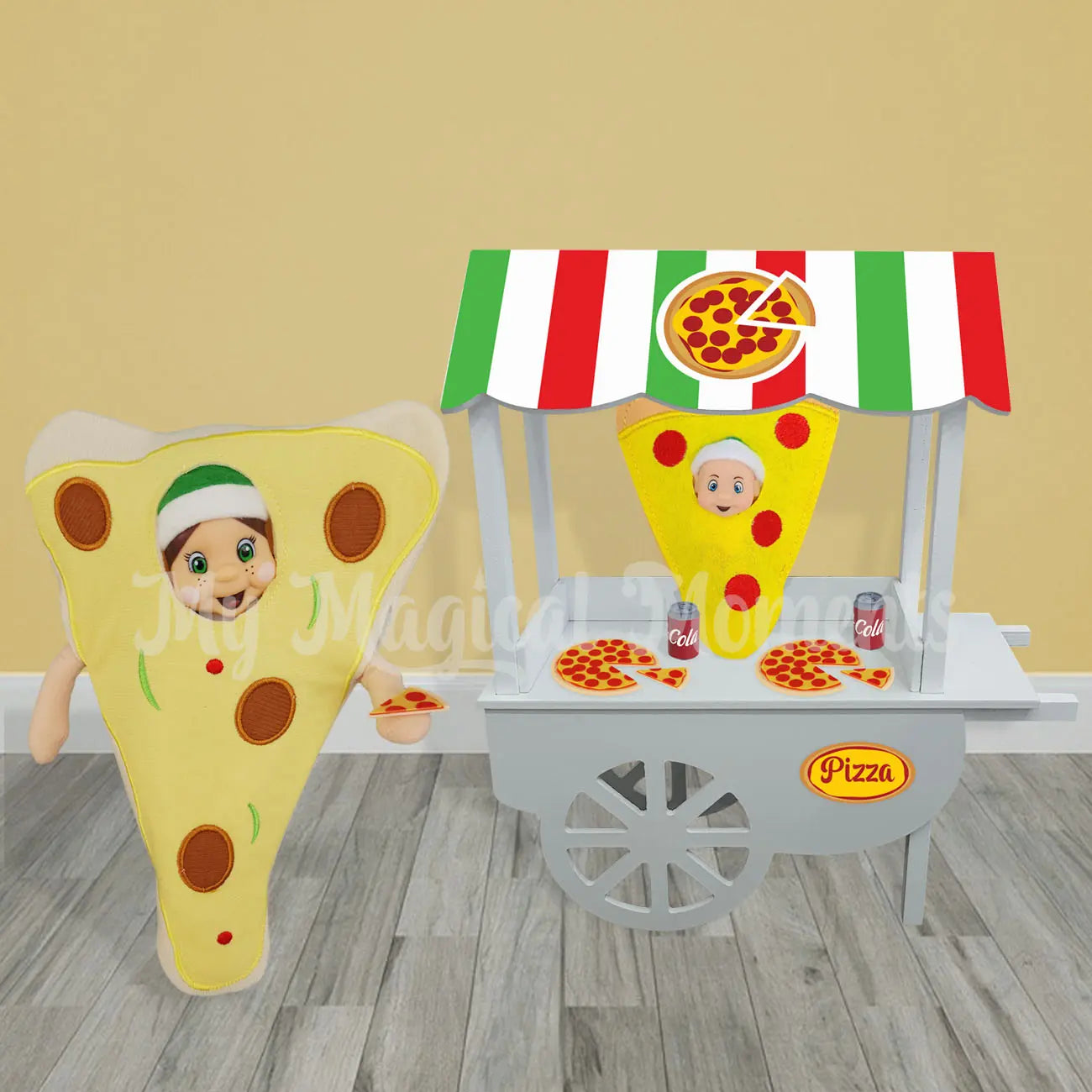 Elf dressed as a pizza selling pizza with an elf baby wearing a pepperoni pie outfit