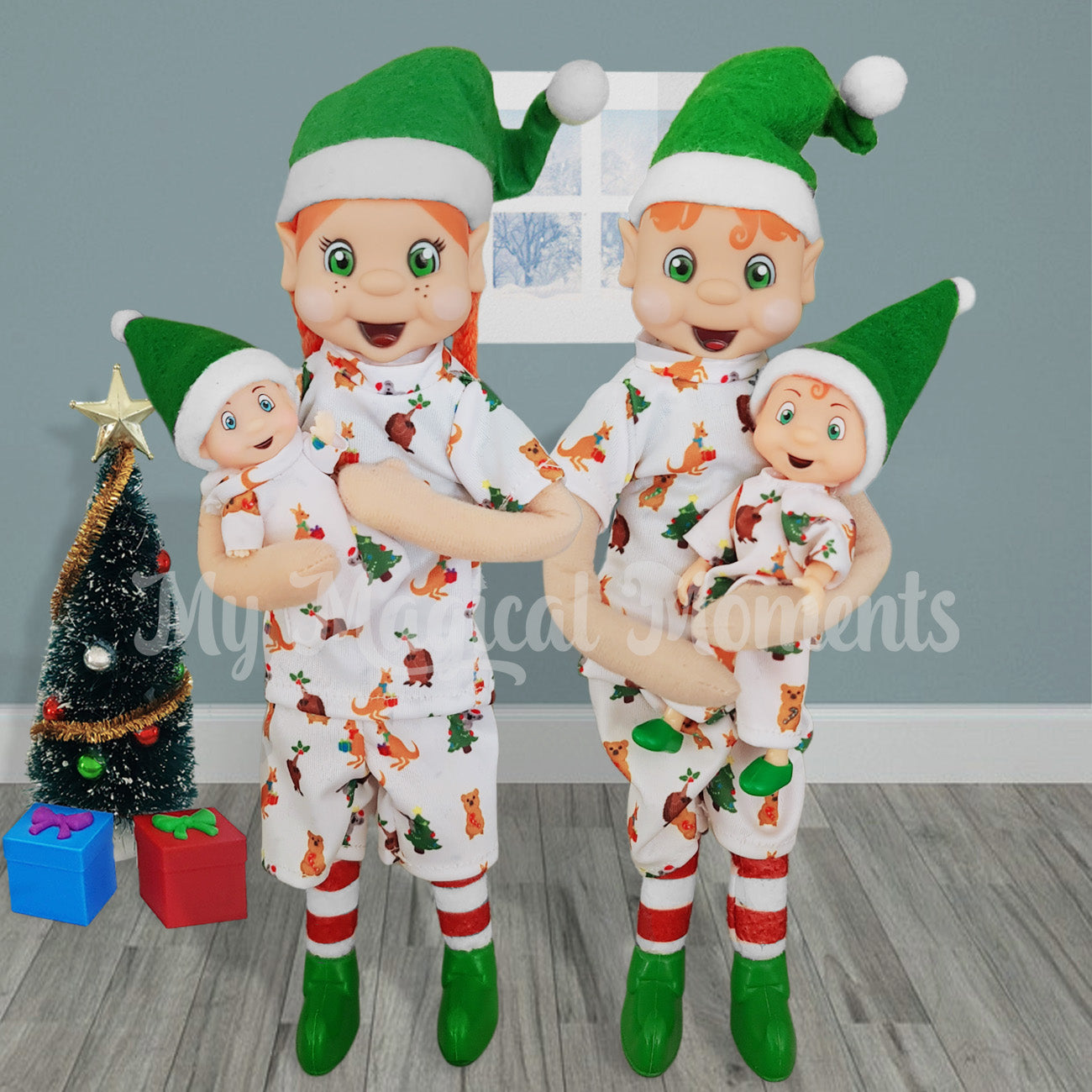 Orange hair elf family wearing matching Christmas themed elf pyjamas
