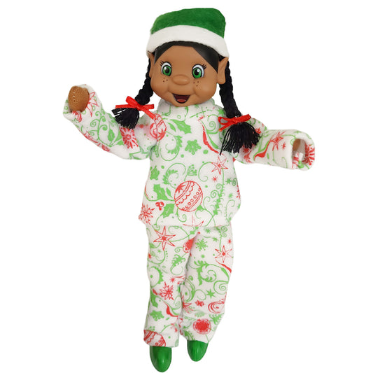 Elf wearing ornament themed Christmas Pjs