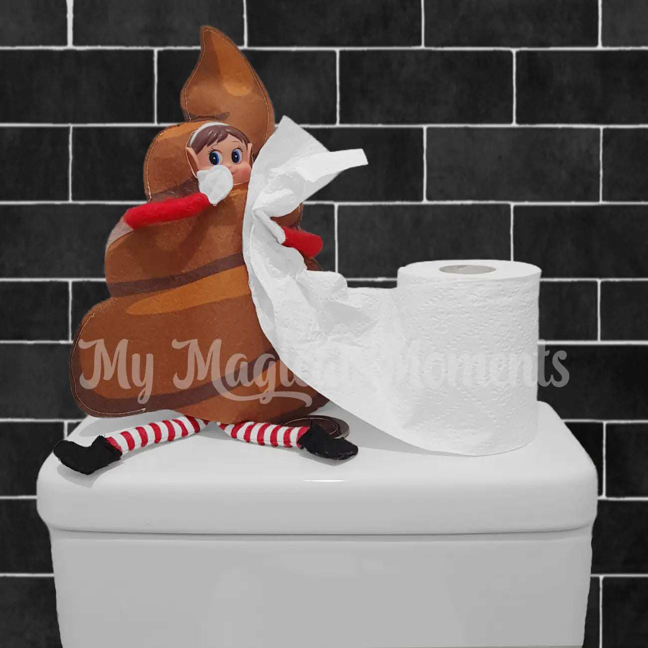 Elves behavin badly holding toilet paper in a poo dress up