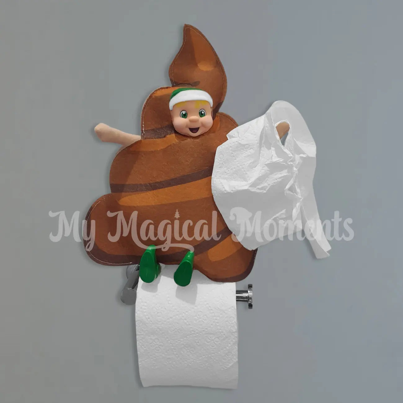 elf in a poop costume on toilet paper