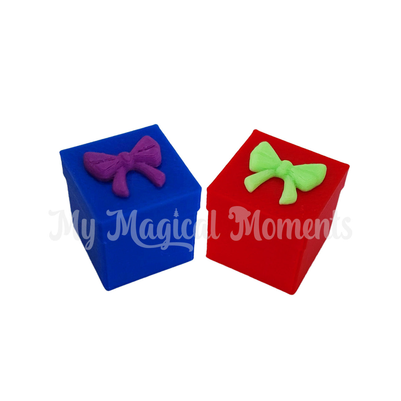 Red and green 3d printed present with a blue and purple present for elf