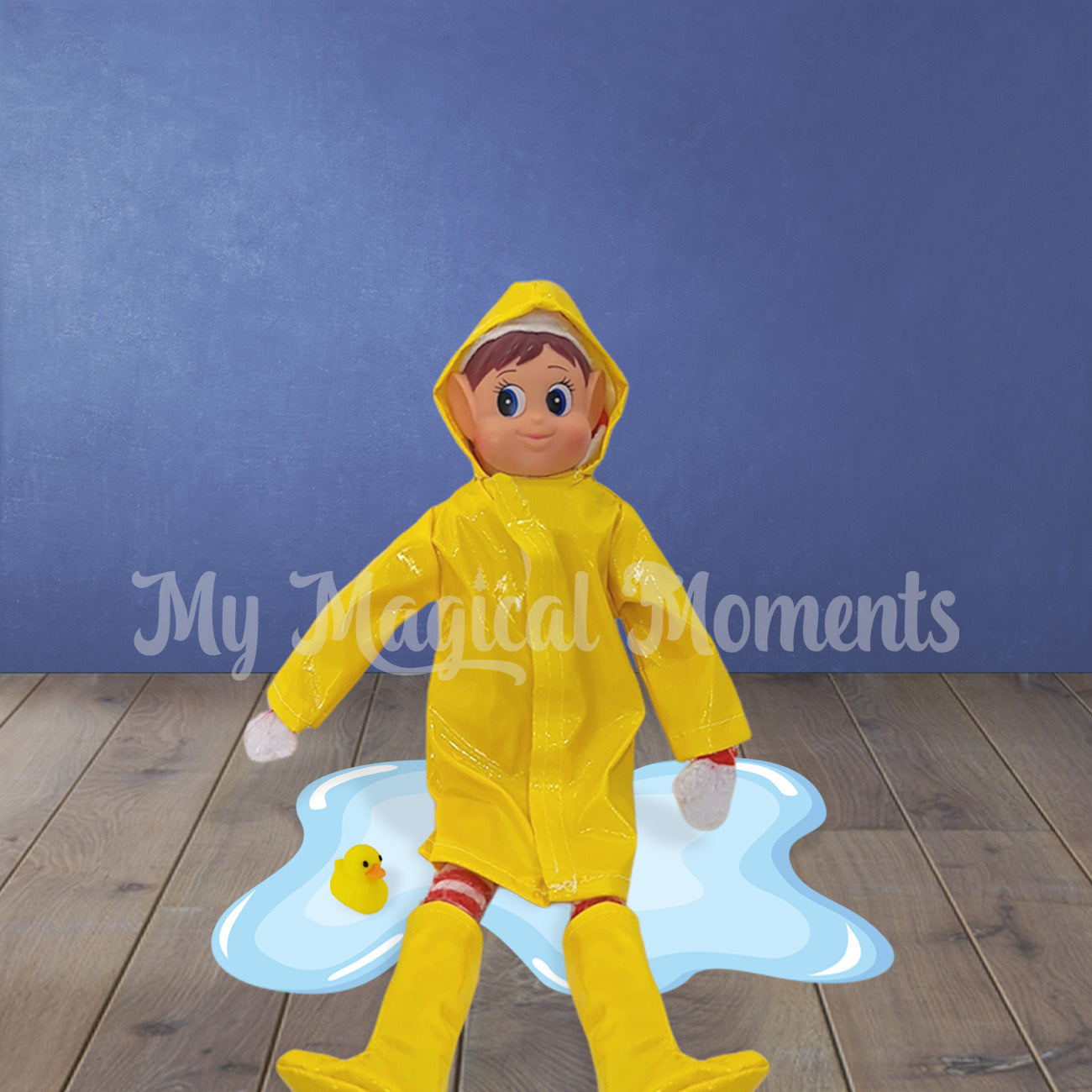 elf standing in a puddle with a min rubber ducky