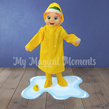 Elf wearing raincoat and gumboots in the rain