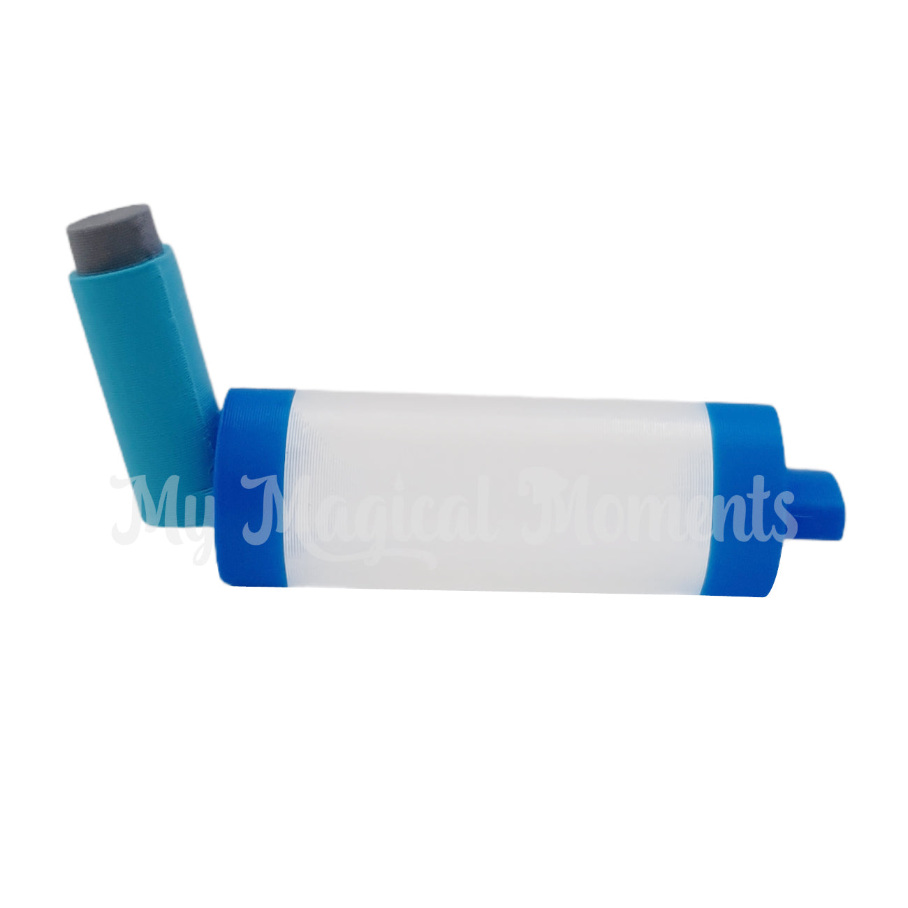 Miniature asthma puffer . elf sized inhaler in the blue spacer