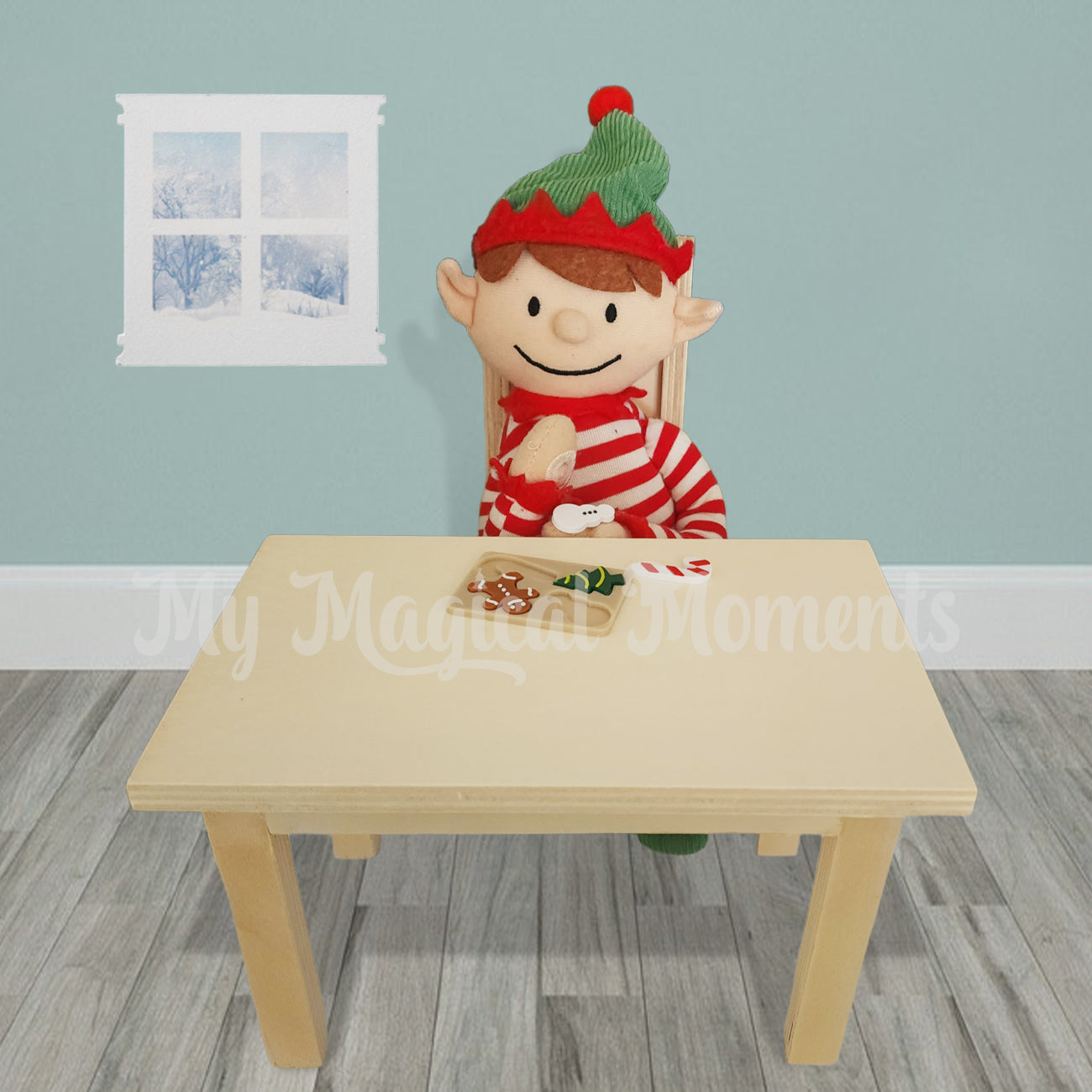 Elf for Christmas elf doing a puzzle at a miniature dining table