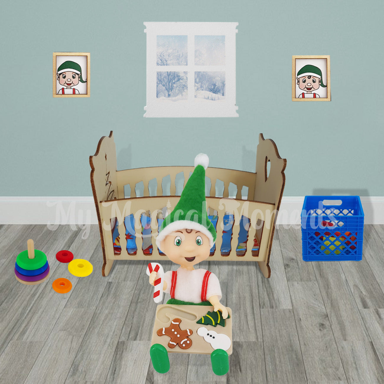 Elf toddler sitting in playroom with a puzzle, ring stacker toy and baby cot