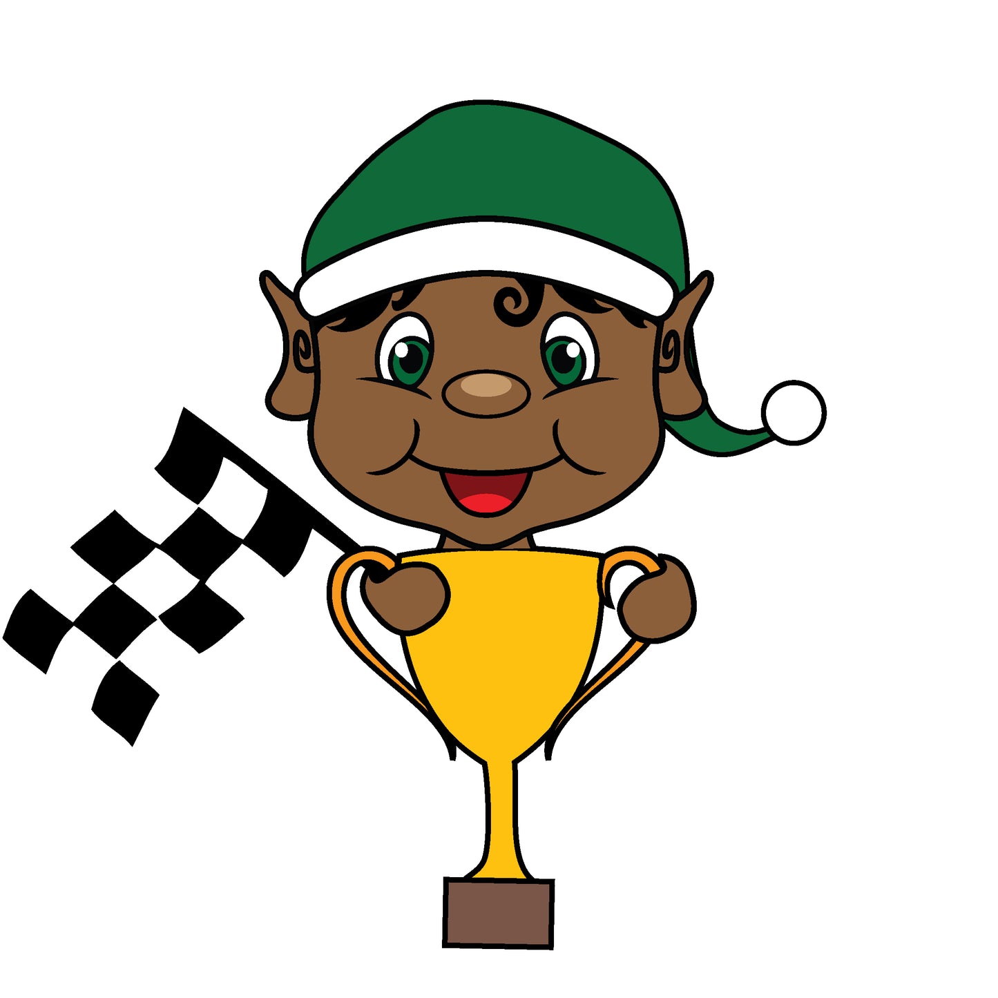 Racing Elf Clipart, Holding chequered flag and trophy